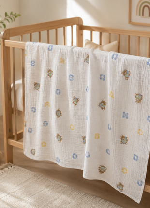 100% Cotton Muslin Baby Swaddle Blanket 110 x 110 cm Lightweight Breathable Soft Newborn Wrap Bear