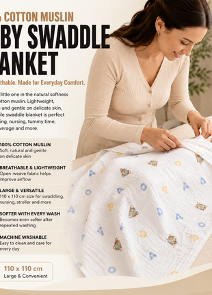 100% Cotton Muslin Baby Swaddle Blanket 110 x 110 cm Lightweight Breathable Soft Newborn Wrap Bear