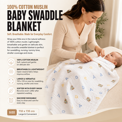 100% Cotton Muslin Baby Swaddle Blanket 110 x 110 cm Lightweight Breathable Soft Newborn Wrap Bear