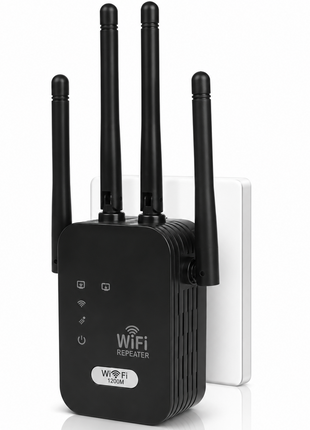 WiFi Extender Repeater 1200Mbps Dual Band – 6 Antennas Signal Booster with 2 LAN Ports – Covers up to 10000 Sq.Ft Black