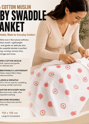 100% Cotton Muslin Baby Swaddle Blanket 110 x 110 cm Lightweight Breathable Soft Newborn Wrap Red Apple