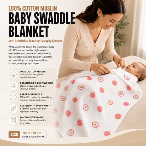 100% Cotton Muslin Baby Swaddle Blanket 110 x 110 cm Lightweight Breathable Soft Newborn Wrap Red Apple