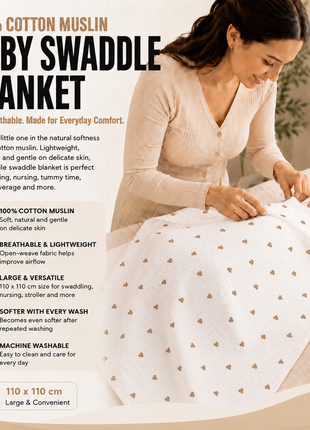 100% Cotton Muslin Baby Swaddle Blanket 110 x 110 cm Lightweight Breathable Soft Newborn Wrap Hearts