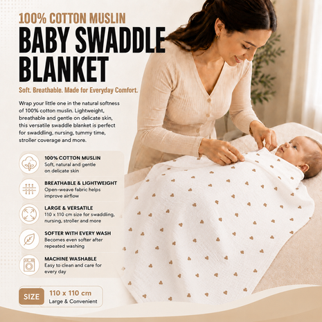 100% Cotton Muslin Baby Swaddle Blanket 110 x 110 cm Lightweight Breathable Soft Newborn Wrap Hearts
