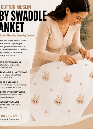 100% Cotton Muslin Baby Swaddle Blanket 110 x 110 cm Lightweight Breathable Soft Newborn Wrap Bunny