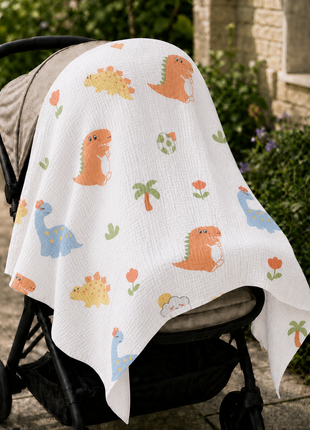 100% Cotton Muslin Baby Swaddle Blanket 110 x 110 cm Lightweight Breathable Soft Newborn Wrap Dinosaur