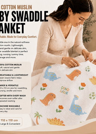 100% Cotton Muslin Baby Swaddle Blanket 110 x 110 cm Lightweight Breathable Soft Newborn Wrap Dinosaur