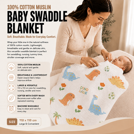 100% Cotton Muslin Baby Swaddle Blanket 110 x 110 cm Lightweight Breathable Soft Newborn Wrap Dinosaur