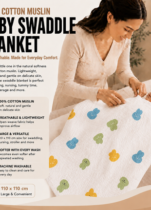 100% Cotton Muslin Baby Swaddle Blanket 110 x 110 cm Lightweight Breathable Soft Newborn Wrap Bunnies