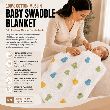 100% Cotton Muslin Baby Swaddle Blanket 110 x 110 cm Lightweight Breathable Soft Newborn Wrap Bunnies