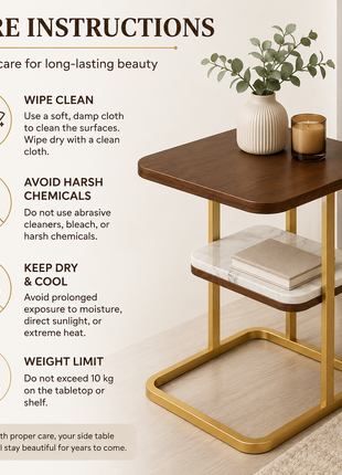 Gold Steel Side Table with Reversible Marble & Brown Wood Top, 2-Tier End Table