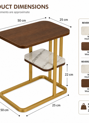 Gold Steel Side Table with Reversible Marble & Brown Wood Top, 2-Tier End Table
