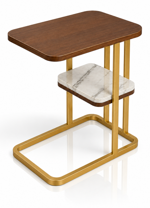 Gold Steel Side Table with Reversible Marble & Brown Wood Top, 2-Tier End Table