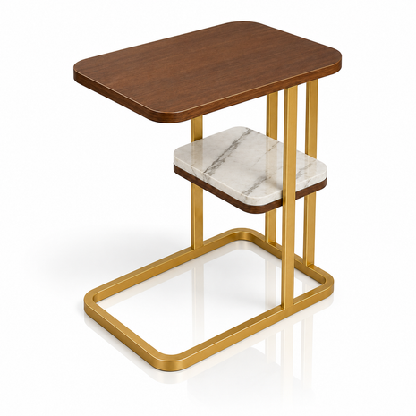 Gold Steel Side Table with Reversible Marble & Brown Wood Top, 2-Tier End Table