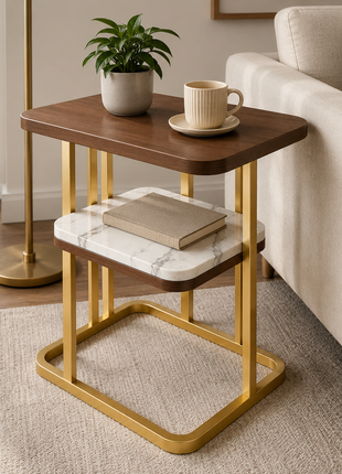 Gold Steel Side Table with Reversible Marble & Brown Wood Top, 2-Tier End Table