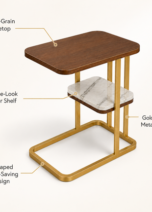Gold Steel Side Table with Reversible Marble & Brown Wood Top, 2-Tier End Table