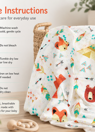 Cotton Muslin Swaddle Blanket, With Boho Woodland Fox & Bear Print