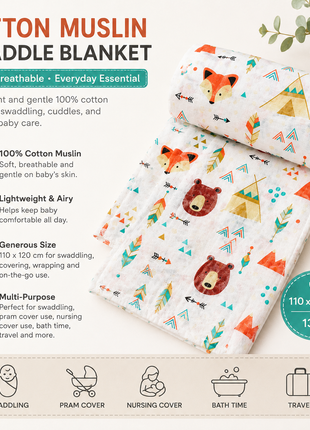 Cotton Muslin Swaddle Blanket, With Boho Woodland Fox & Bear Print