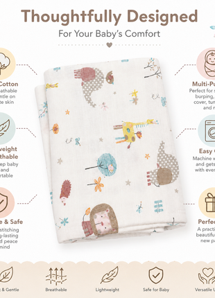 Cotton Muslin Swaddle Blanket, With Pastel Forest Friends Design