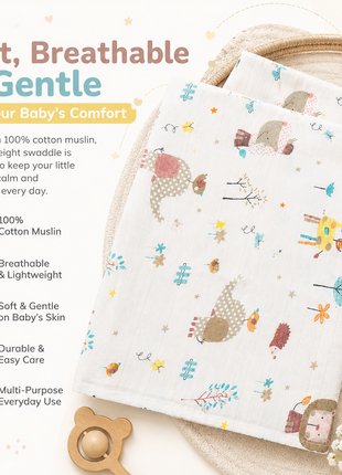Cotton Muslin Swaddle Blanket, With Pastel Forest Friends Design
