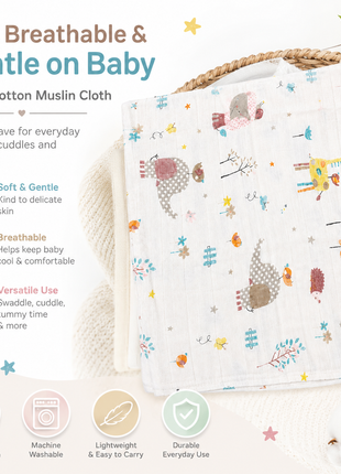 Cotton Muslin Swaddle Blanket, With Pastel Forest Friends Design