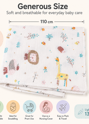 Cotton Muslin Swaddle Blanket, With Pastel Forest Friends Design