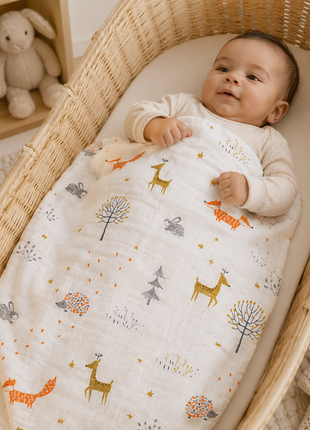 Muslin Swaddle Blanket, With Woodland Animal Print