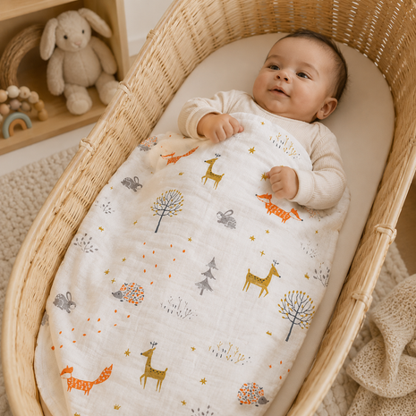 Muslin Swaddle Blanket, With Woodland Animal Print
