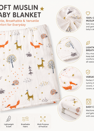 Muslin Swaddle Blanket, With Woodland Animal Print