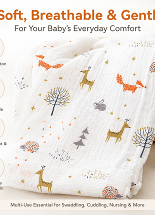 Muslin Swaddle Blanket, With Woodland Animal Print