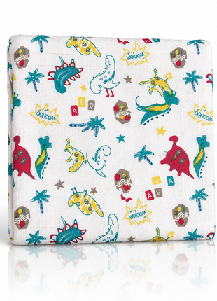 Cotton Muslin Swaddle Blanket, With LightWeight Dinosaur And Botanical Print