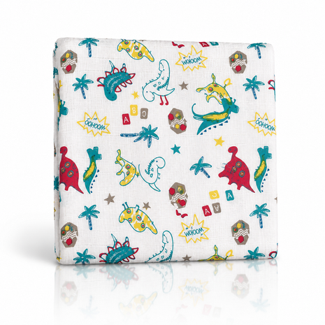 Cotton Muslin Swaddle Blanket, With LightWeight Dinosaur And Botanical Print