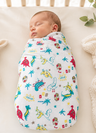 Cotton Muslin Swaddle Blanket, With LightWeight Dinosaur And Botanical Print