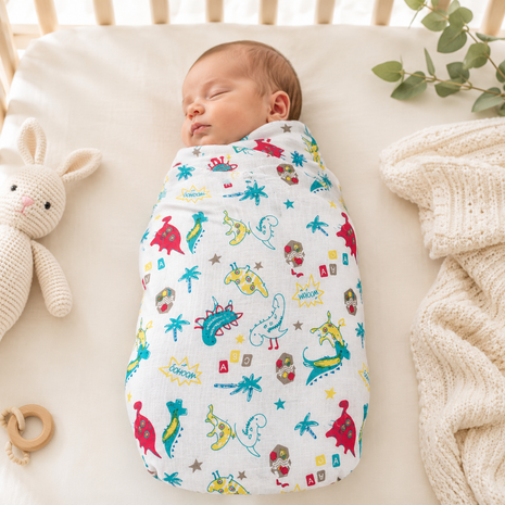 Cotton Muslin Swaddle Blanket, With LightWeight Dinosaur And Botanical Print