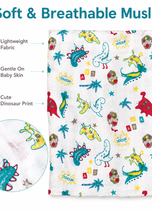Cotton Muslin Swaddle Blanket, With LightWeight Dinosaur And Botanical Print