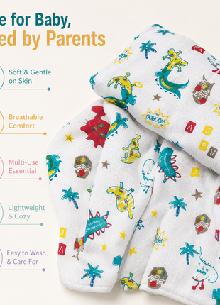 Cotton Muslin Swaddle Blanket, With LightWeight Dinosaur And Botanical Print