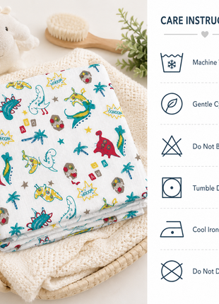 Cotton Muslin Swaddle Blanket, With LightWeight Dinosaur And Botanical Print
