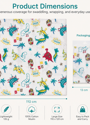 Cotton Muslin Swaddle Blanket, With LightWeight Dinosaur And Botanical Print