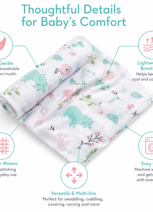 Cotton Muslin Swaddle Blanket Botanical Print