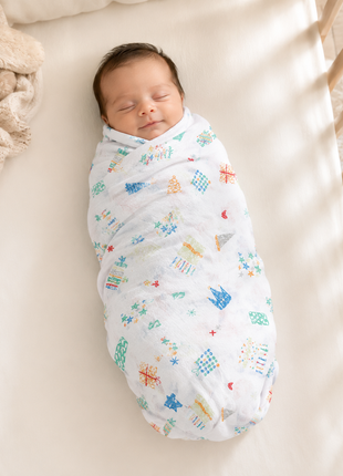 Cotton Muslin Swaddle Blanket, With Colourful Castle And Star Print