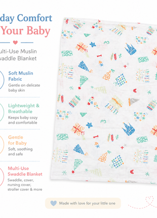 Cotton Muslin Swaddle Blanket, With Colourful Castle And Star Print
