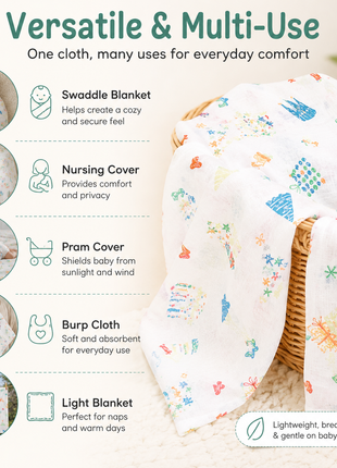 Cotton Muslin Swaddle Blanket, With Colourful Castle And Star Print