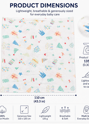 Cotton Muslin Swaddle Blanket, With Colourful Castle And Star Print