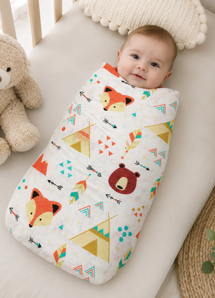 Cotton Muslin Swaddle Blanket, With Boho Woodland Fox & Bear Print