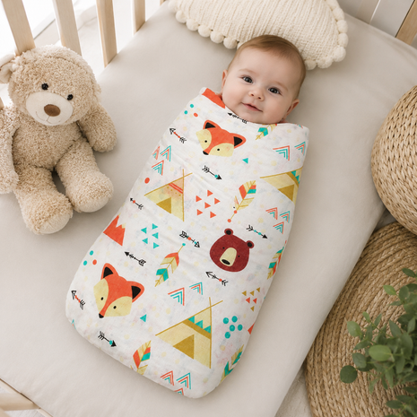 Cotton Muslin Swaddle Blanket, With Boho Woodland Fox & Bear Print