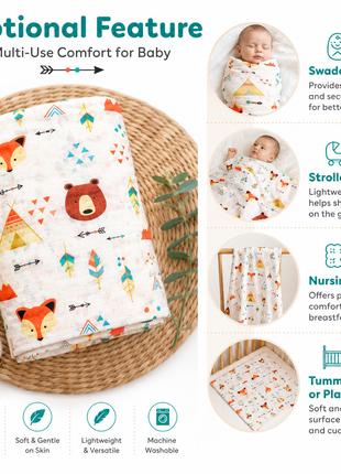 Cotton Muslin Swaddle Blanket, With Boho Woodland Fox & Bear Print