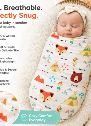 Cotton Muslin Swaddle Blanket, With Boho Woodland Fox & Bear Print