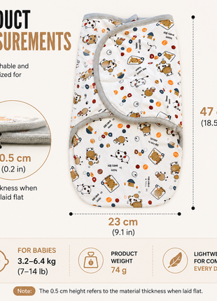 100% Cotton Baby Swaddle with Hook-and-Loop (Velcro) Fastening Small/Medium 3.2–6.4 kg Soft Breathable Baby Wrap - Cow