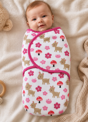100% Cotton Baby Swaddle with Hook-and-Loop (Velcro) Fastening Small/Medium 3.2–6.4 kg Soft Breathable Baby Wrap - Deer