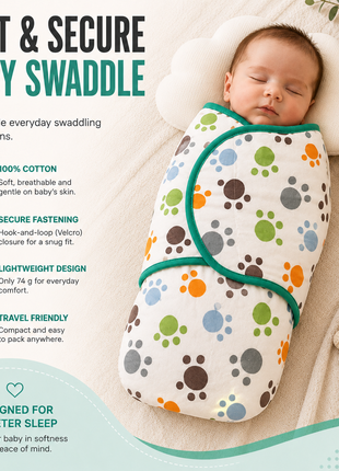 100% Cotton Baby Swaddle with Hook-and-Loop (Velcro) Fastening Small/Medium 3.2–6.4 kg Soft Breathable Baby Wrap - Paws